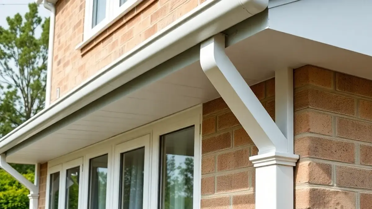 White fascia, soffit and gutter along the eaves of a brick house